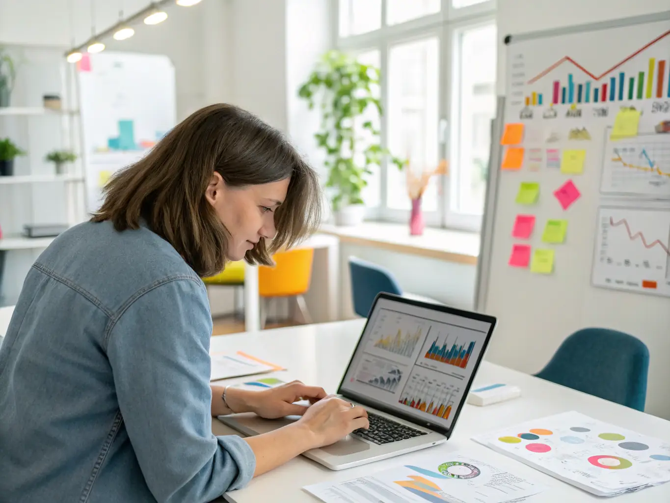 A social media manager analyzing engagement metrics on a computer screen, using AI to identify trends and optimize social media campaigns.