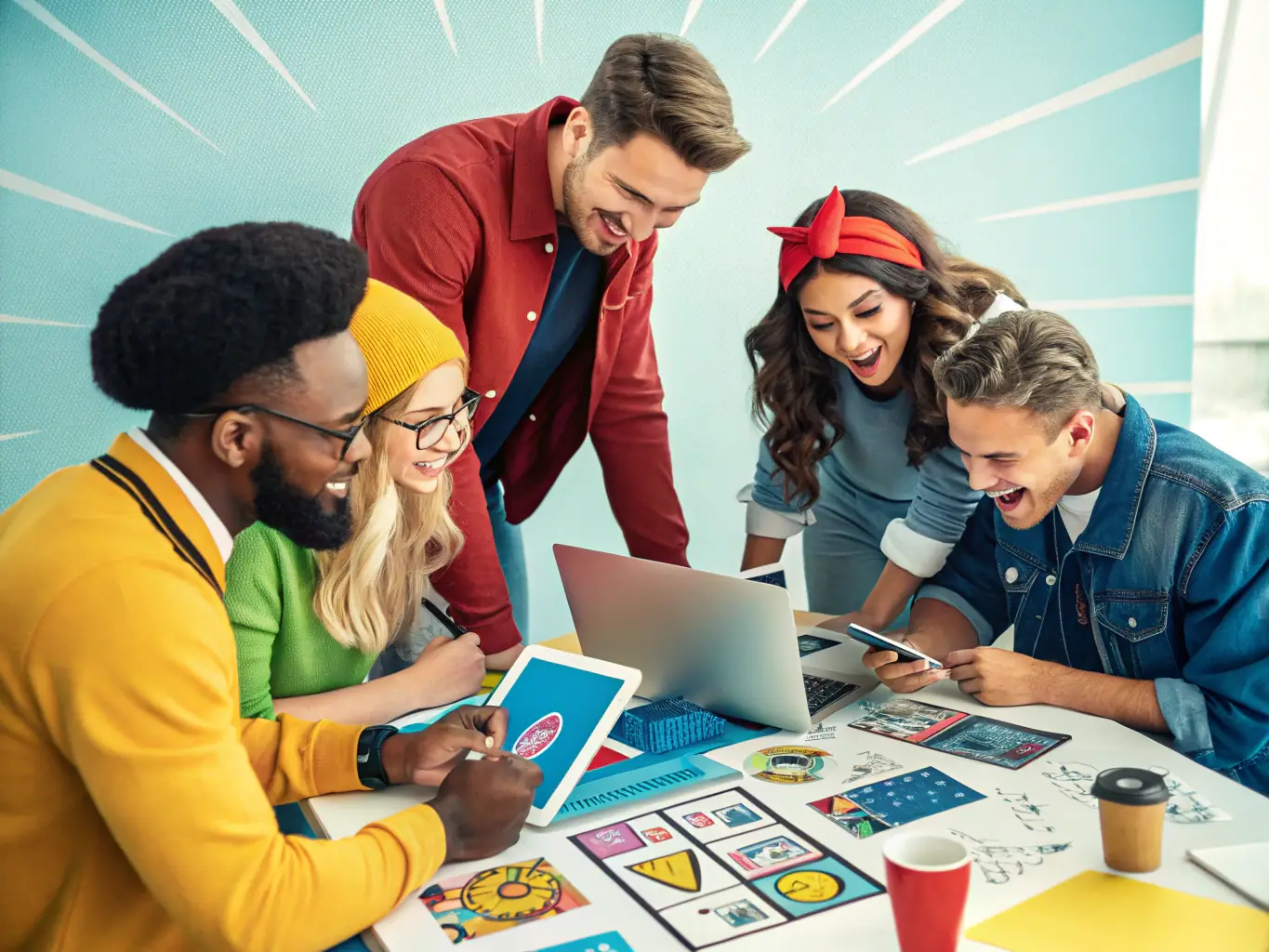 A creative team collaborating on content strategies, using AI tools to optimize content for maximum engagement and SEO performance.