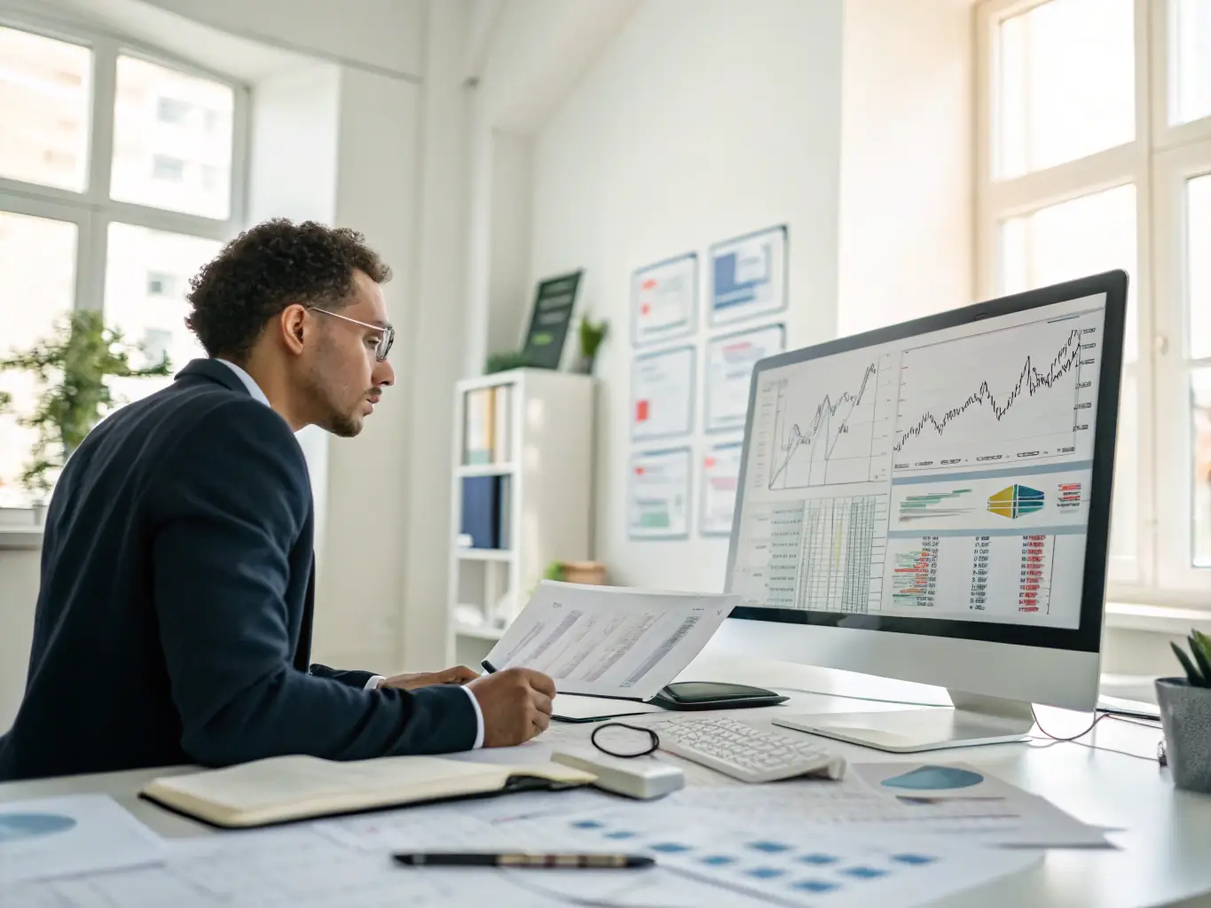 A digital marketing analyst using AI-powered software to analyze campaign performance data, with charts and graphs displayed on a large monitor in the background.